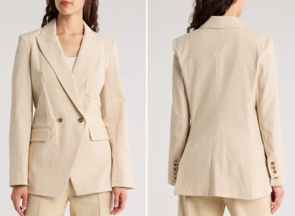 Veronica Beard Didion Seersucker Blazer Khaki White Size 00 Double Breasted
